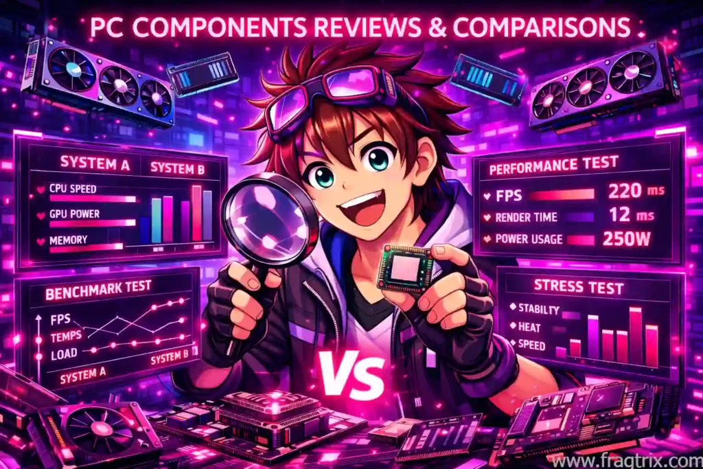Anime illustration of tech enthusiast examining PC components with magnifying glass, surrounded by floating graphics cards and processors with vibrant neon lighting