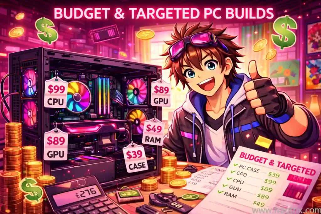 Anime character assembling affordable gaming PC with price tags, coins, and colorful RGB components in workshop setting