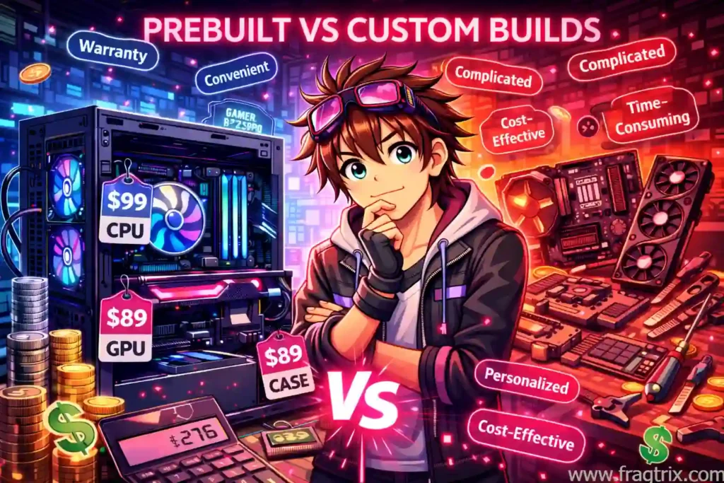 Anime illustration showing comparison between prebuilt gaming PC in box and custom PC parts with character deciding between two paths