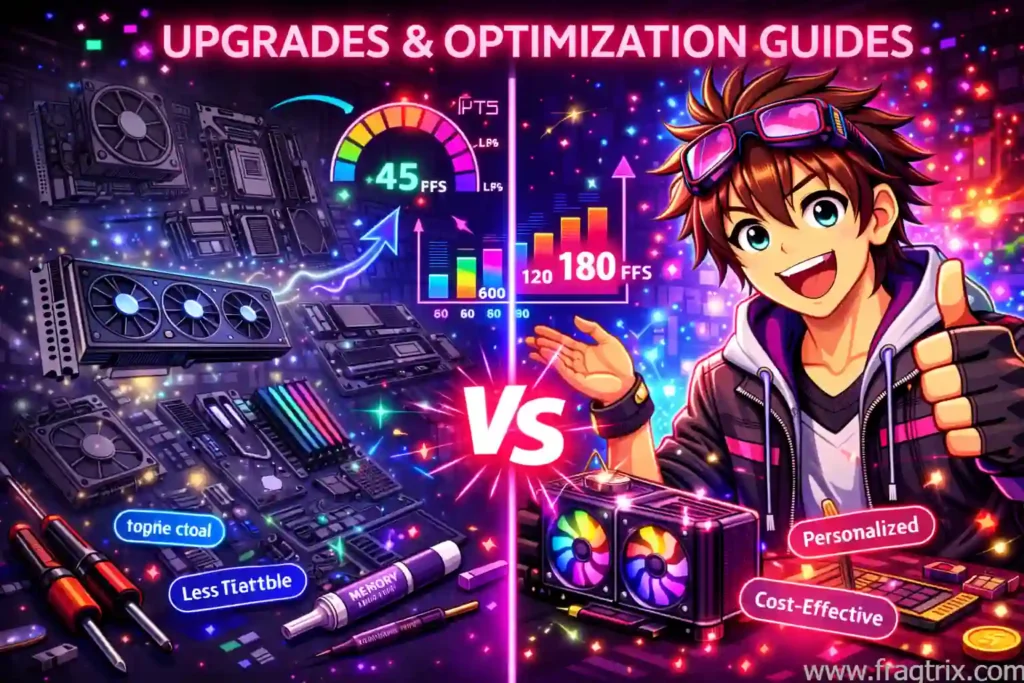 Anime tech character upgrading PC with before-and-after effect showing old components fading and new parts glowing with vibrant energy effects