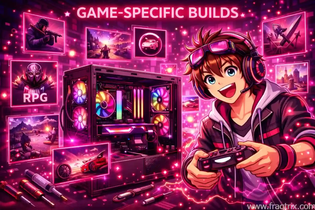 Anime gaming character with headset surrounded by colorful game icons and custom PC with vibrant RGB lighting for different game genres