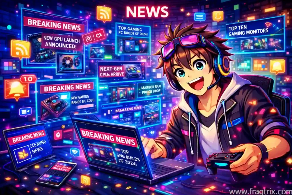 Anime tech journalist reading digital news on holographic screens with floating news articles and notification icons in vibrant neon-lit tech office