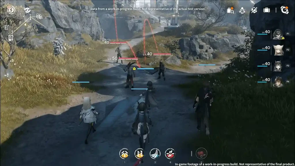 Arknights: Endfield combat scene showing multiple operators fighting enemies on a rocky path, with the combat UI visible.