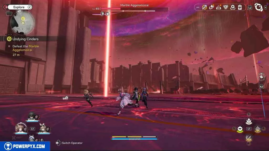 Arknights: Endfield boss with an HP bar and a stagger bar displayed beneath it in a combat arena.