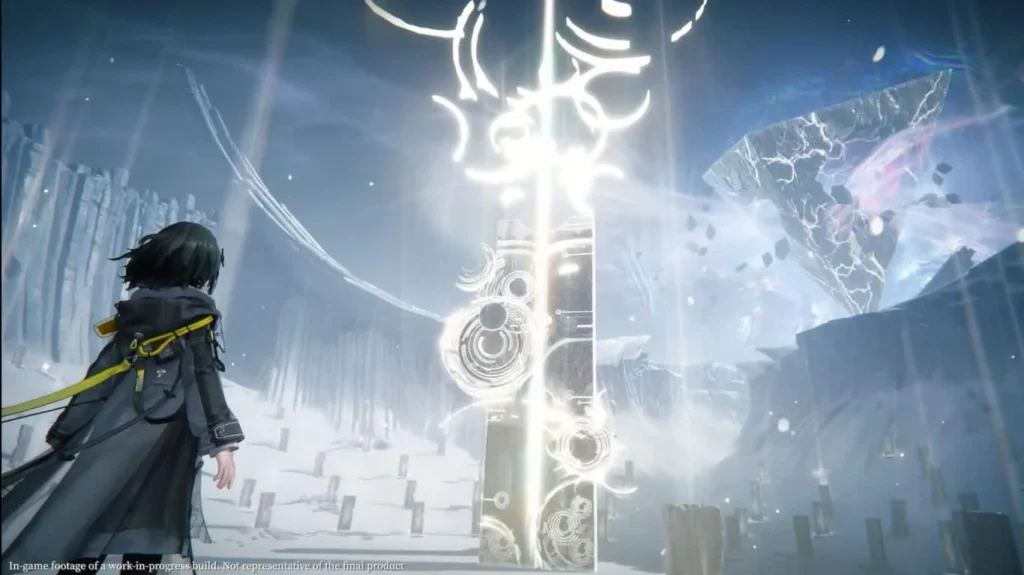 Arknights: Endfield operator facing an enemy in a snowy arena, ready to unleash a powerful attack.