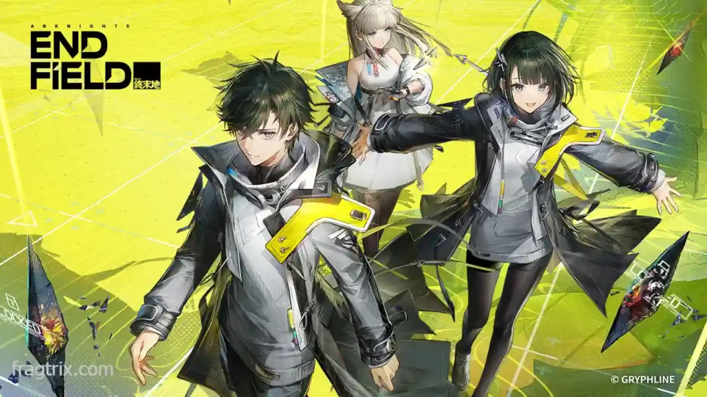 Anime-style sci-fi illustration showing three futuristic characters walking forward together against a bright yellow background with geometric and technological patterns.