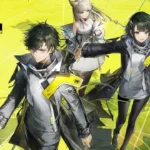 Anime-style sci-fi illustration showing three futuristic characters walking forward together against a bright yellow background with geometric and technological patterns.