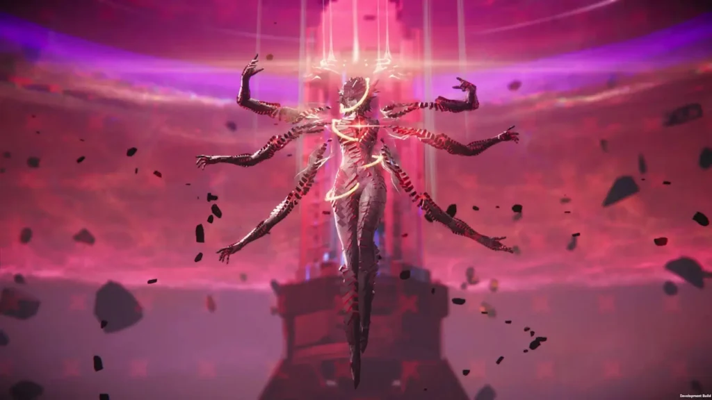 Ethereal multi‑armed figure surrounded by purple energy in Arknights: Endfield, amid elemental reaction effects.