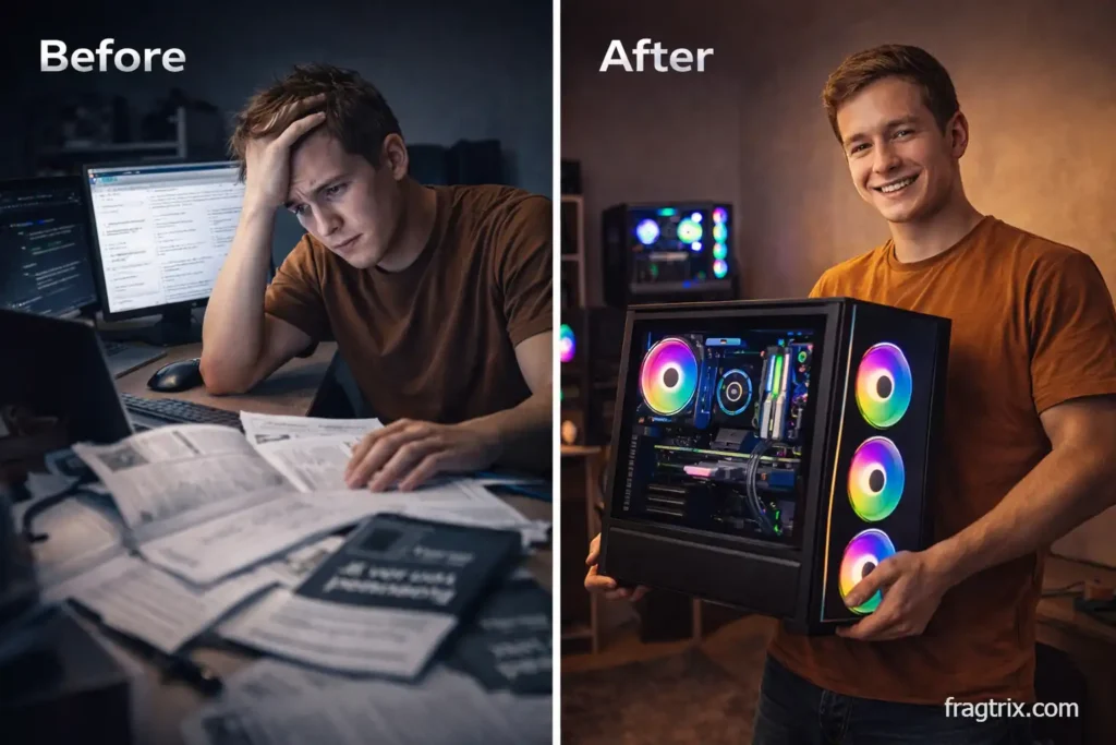 before and after style lifestyle photograph showing someone progressing from stressed research phase to confidently holding a completed custom-built gaming PC