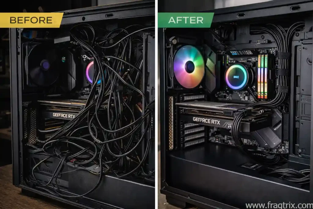 before-and-after split-screen comparison showing PC case interior cable management, left side messy and tangled, right side organized with bundled cables and proper routing