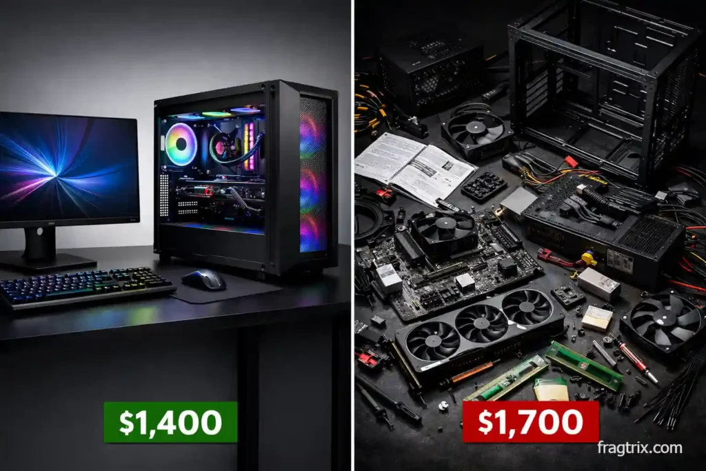 split-screen comparison showing a finished prebuilt gaming PC with monitor and peripherals on the left side, and scattered individual PC components on the right side