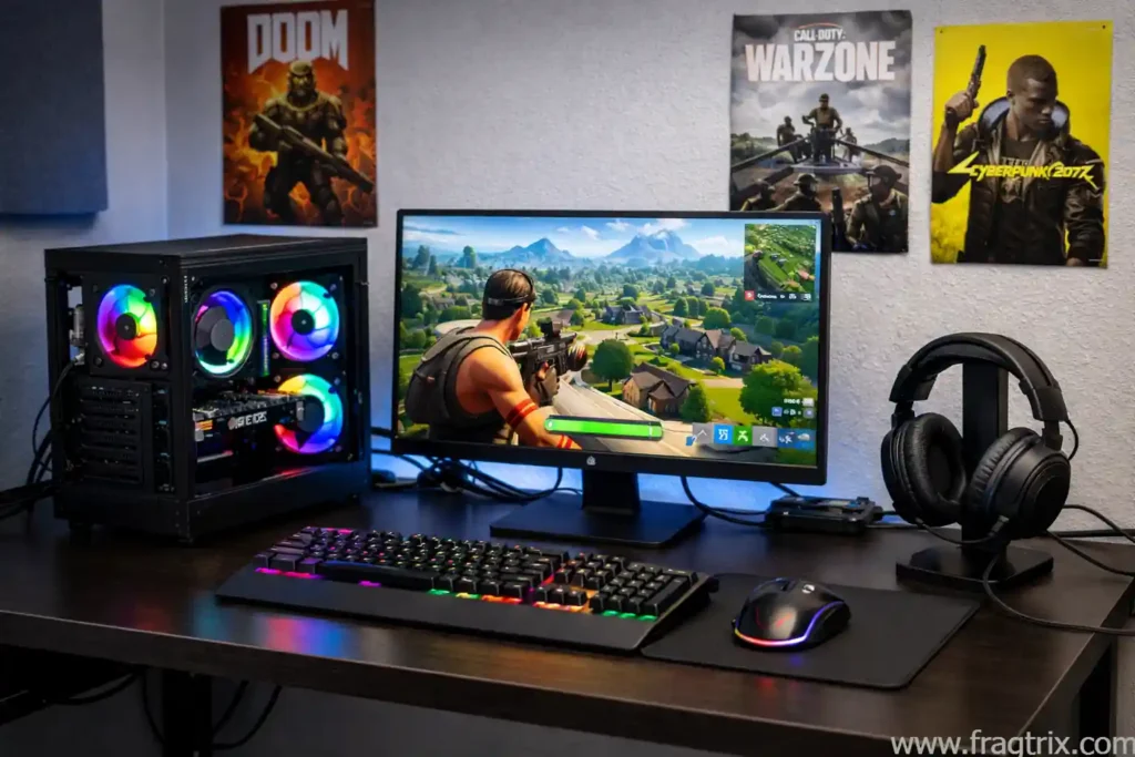 compact budget gaming PC setup with small black case, basic 24-inch monitor, and cluttered desk workspace showing cable management challenges