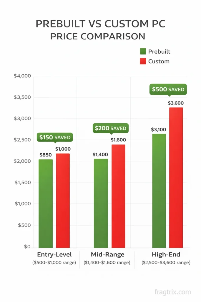 bar chart infographic showing price comparisons between prebuilt and custom PC builds across three budget tiers: entry-level, mid-range, and high-end