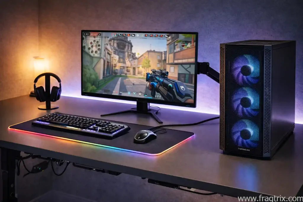 organized $800 gaming PC setup with mesh case, 27-inch monitor, RGB peripherals, and clean cable management on dedicated gaming desk