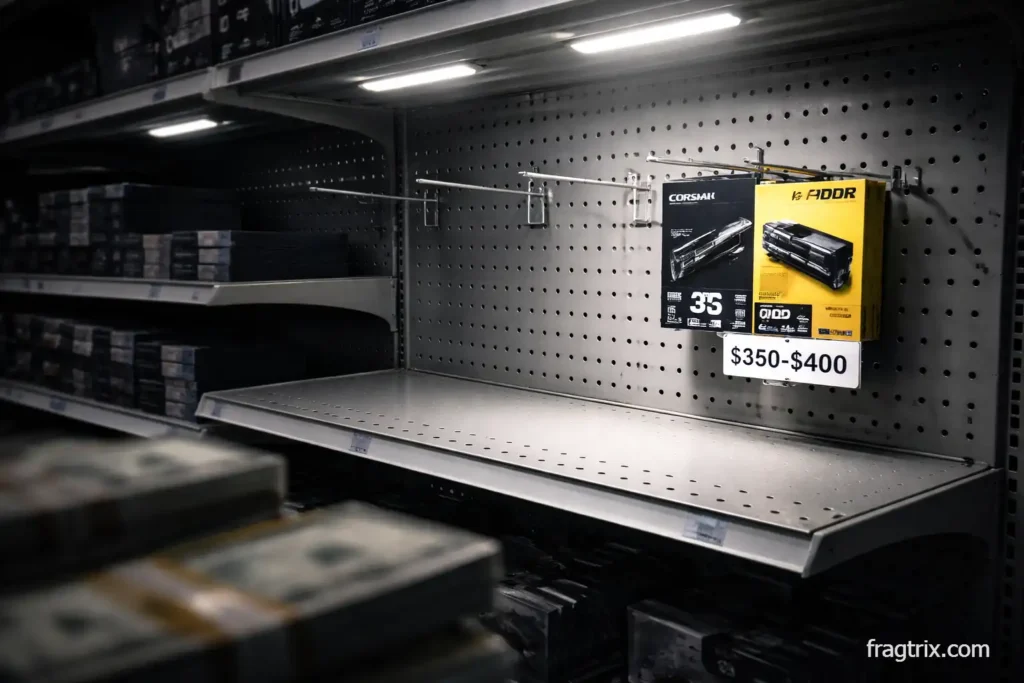 photograph of empty retail shelf with only a few DDR5 RAM boxes on display, emphasizing memory component scarcity and high pricing