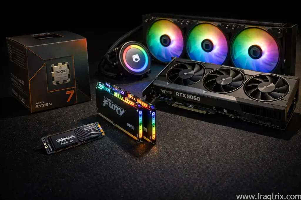 close-up macro photography of premium PC components including Ryzen processor, RTX 5060 GPU, DDR5 RAM, and AIO cooler arranged on workbench