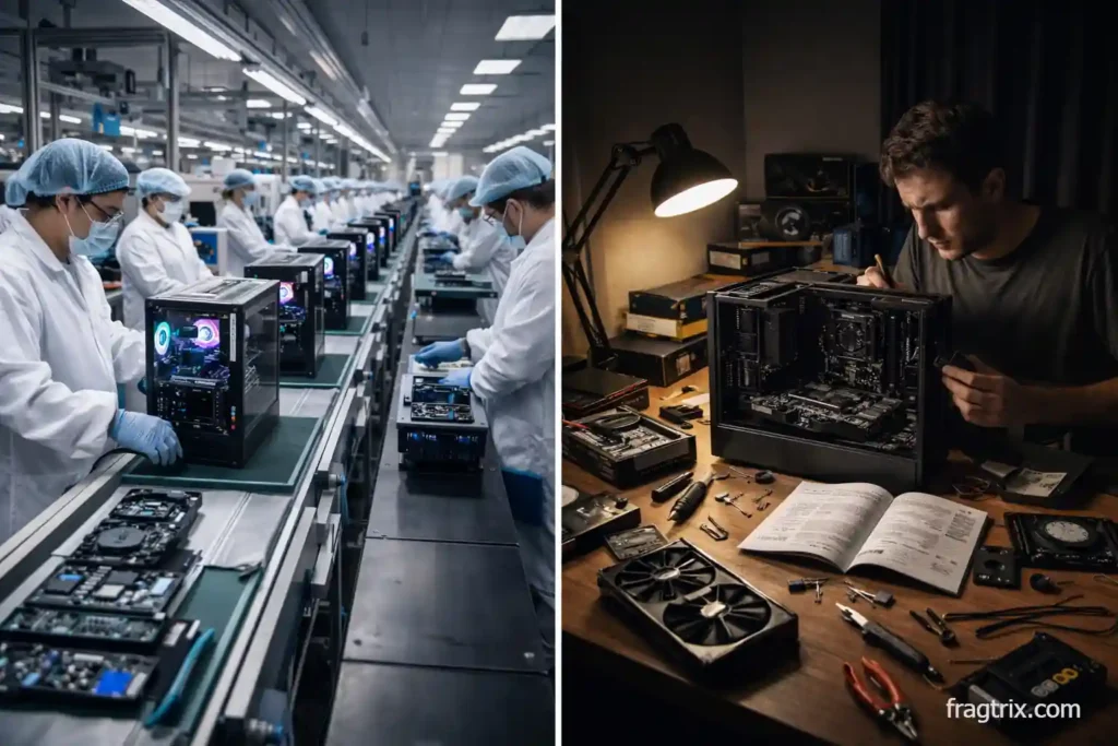 "split-screen process photography showing factory workers assembling prebuilt gaming PCs on the left versus a single person building a custom PC at home on the right"