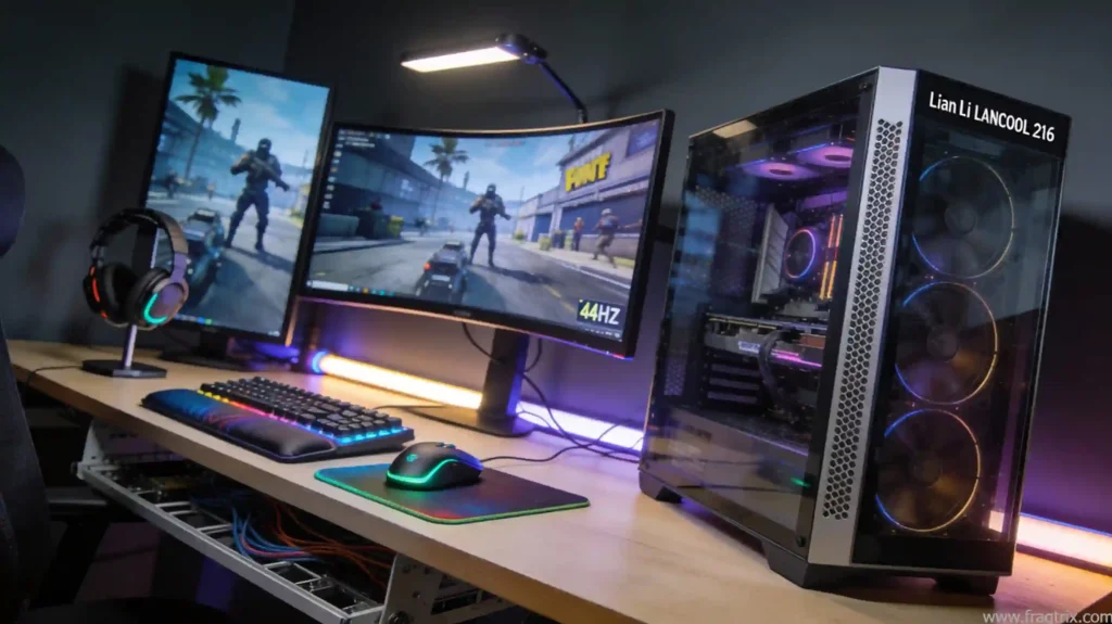 complete $1,500 gaming station with curved 1440p monitor, Lian Li case with tempered glass, RGB peripherals, gaming chair, and professional cable management