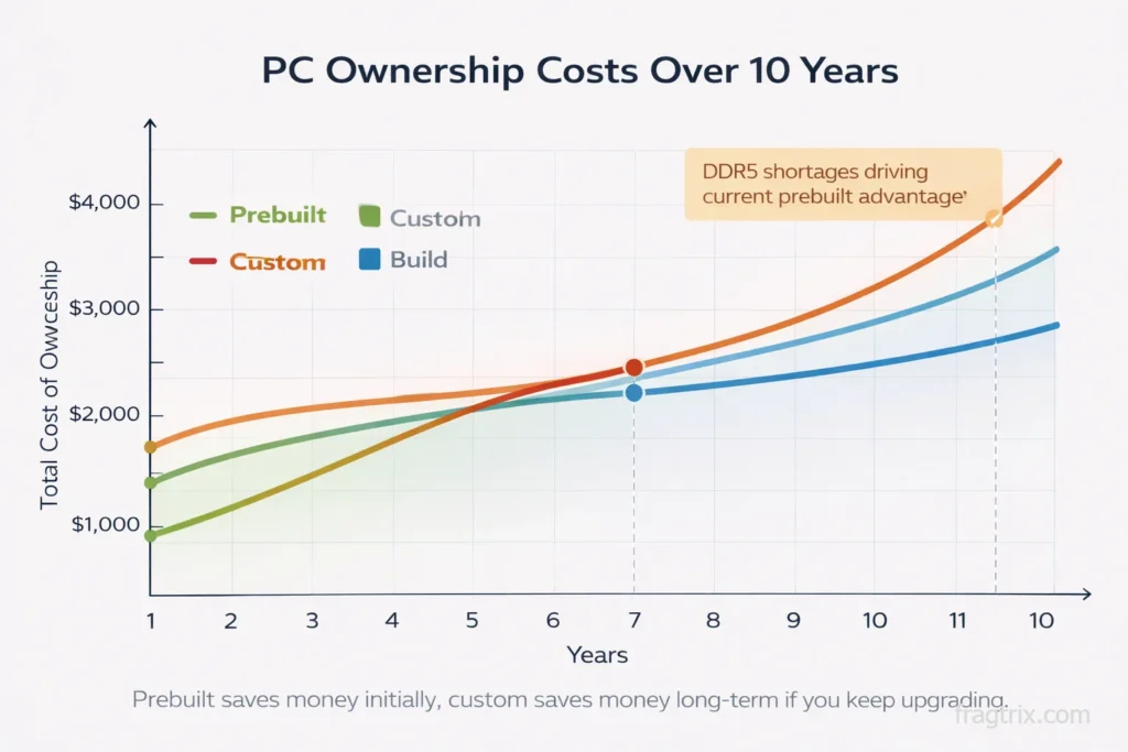 line graph showing 10-year total cost of ownership comparison between prebuilt and custom PC builds, with lines intersecting to show break-even point