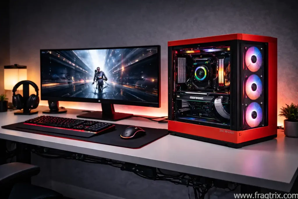 premium red Hyte Y40 case with distinctive wraparound glass panel on minimalist desk, ultra-wide gaming monitor, and professional RGB lighting setup