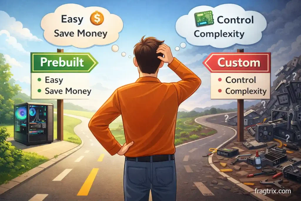 illustration of a person standing at a crossroads deciding between two paths: an easy well-lit prebuilt PC road and a complex winding custom build road
