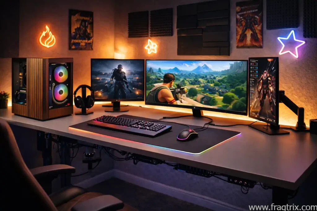 luxury $4,000+ gaming setup with Fractal Design North XL case featuring wood paneling, triple gaming monitors, premium peripherals, leather gaming chair, and professional room design
