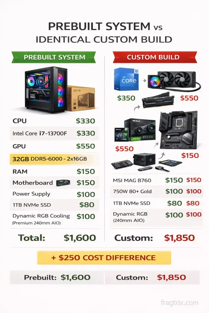 detailed side-by-side comparison poster showing specifications and prices of an identical gaming PC system as prebuilt versus custom components