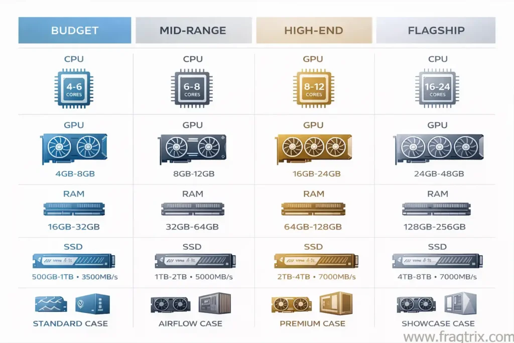 infographic grid comparing PC components across four budget tiers: budget, mid-range, high-end, and flagship, showing CPU cores, GPU memory, RAM capacity, and power specifications