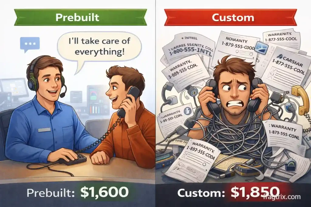 illustration comparing customer support scenarios: a happy customer receiving assistance from a single support representative on the left versus a frustrated customer dealing with multiple manufacturer contacts on the right