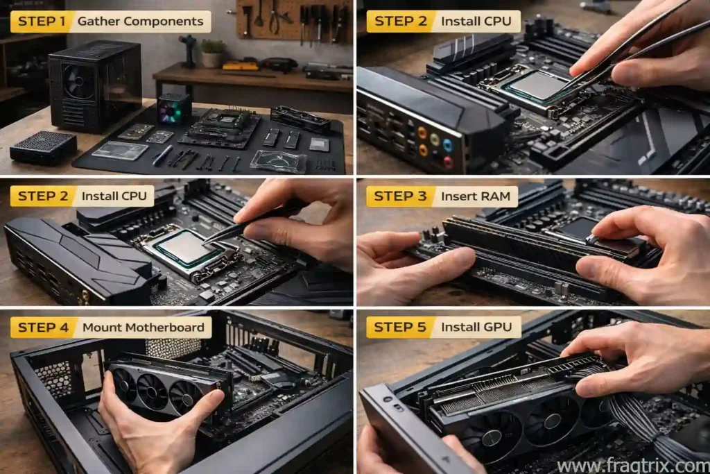 instructional photography grid showing six steps of PC assembly: organized components, CPU installation, RAM insertion, motherboard placement, GPU installation, and power cable connection