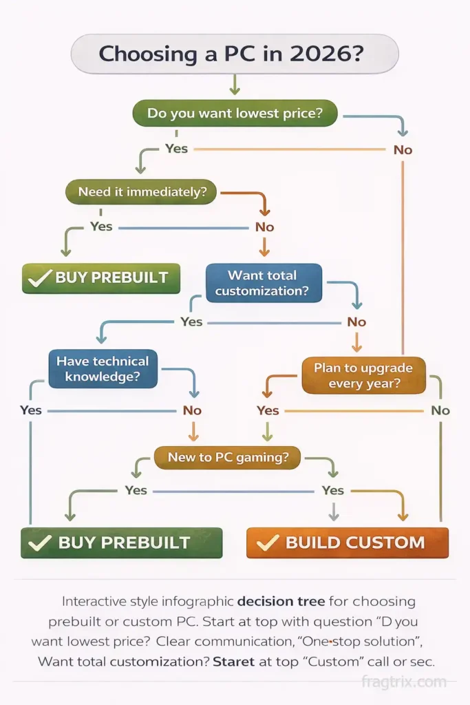interactive decision tree flowchart showing branching questions to help users determine whether prebuilt or custom PC is right for their situation