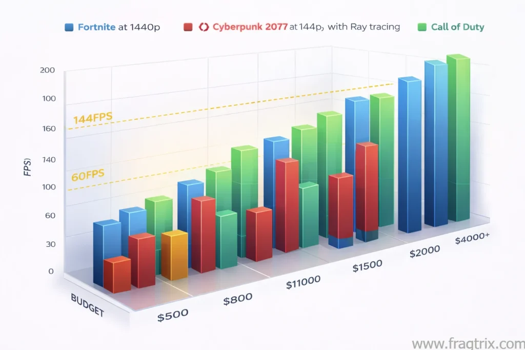3D bar chart comparing average gaming FPS across six budget tiers ($500-$4000+) for three games: Fortnite, Cyberpunk 2077 with ray tracing, and Call of Duty at 1440p resolution