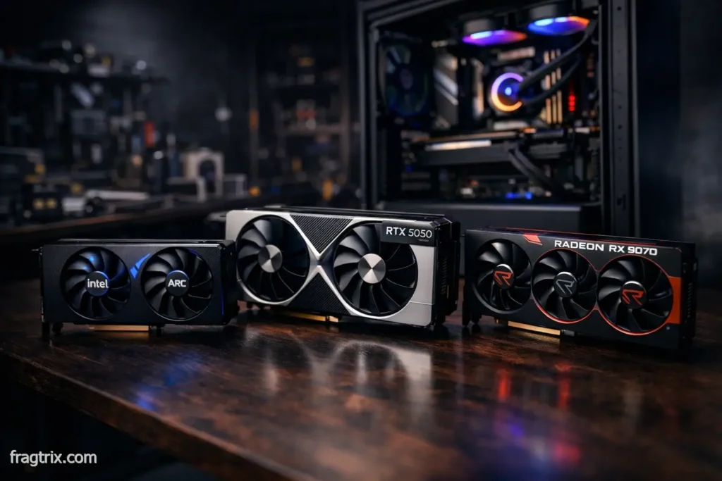 Modern budget and mid-range graphics cards displayed next to gaming PC for upgrade