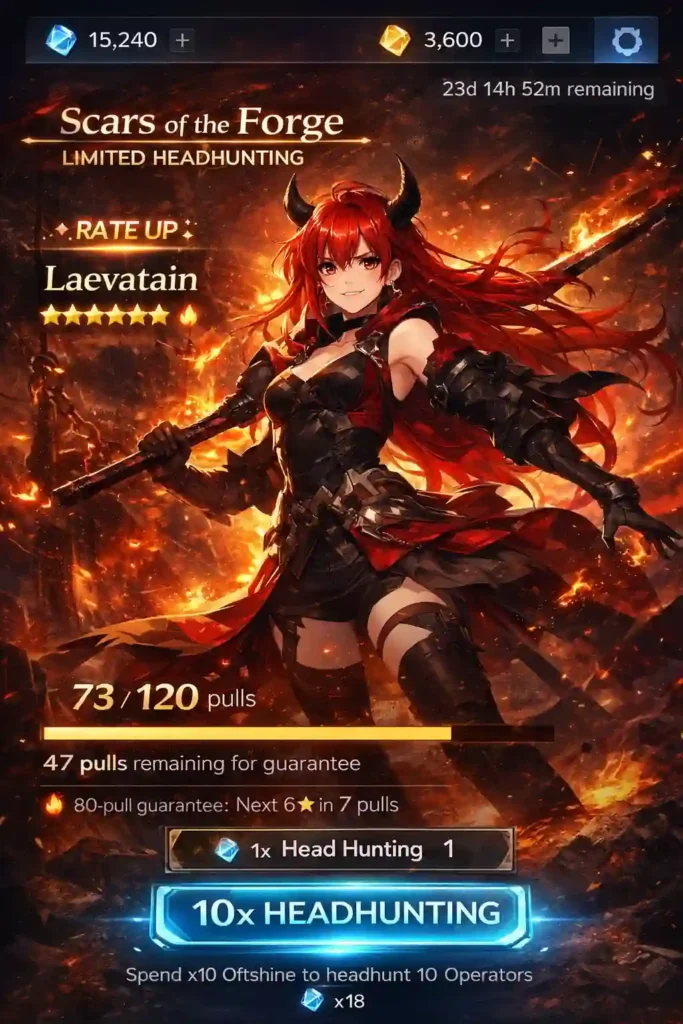 arknights endfield gacha headhunting banner laevatain pity system 120 pull guarantee
```