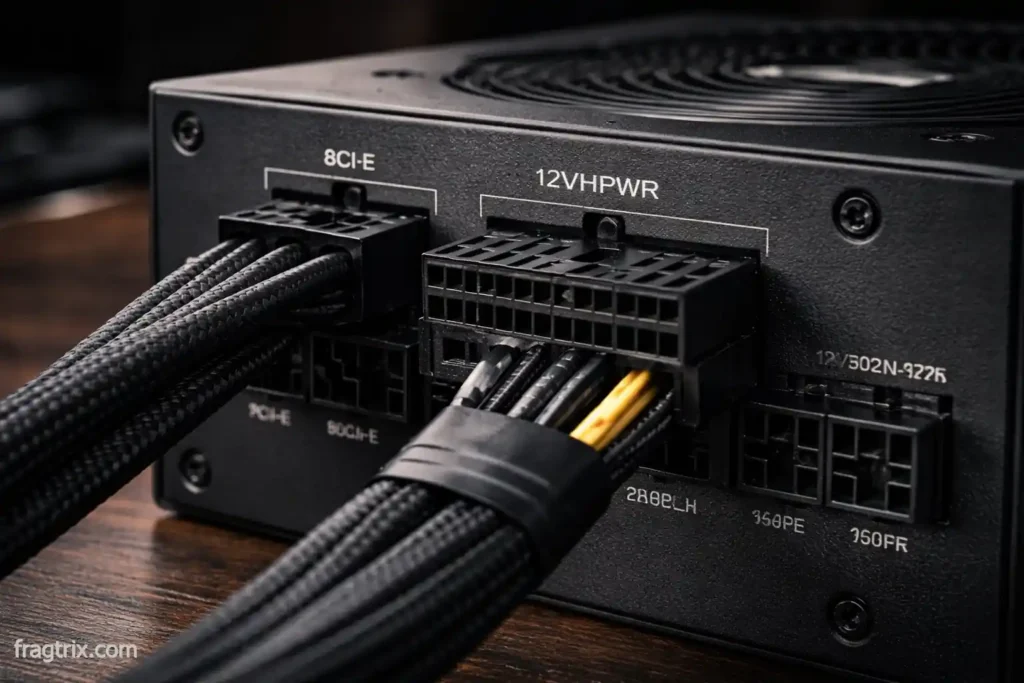 Power supply unit showing PCIe power connectors for GPU compatibility