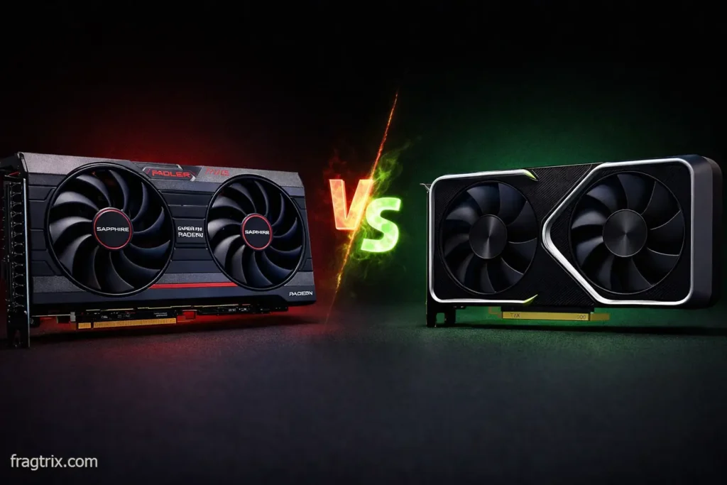 Side by side comparison of AMD RX 7700 XT and Nvidia RTX 5060 graphics cards