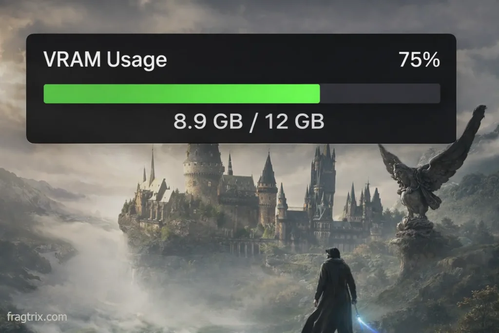 VRAM usage monitor showing Hogwarts Legacy using 8.9GB of 12GB available