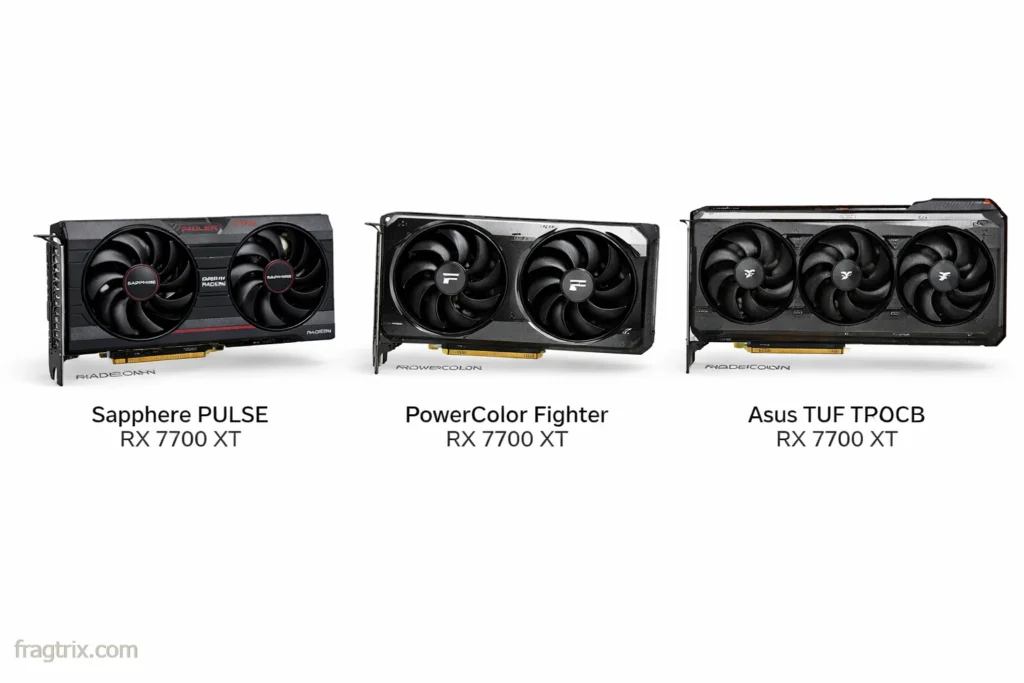 Three RX 7700 XT AIB models compared: Sapphire Pulse, PowerColor Fighter, and Asus TUF