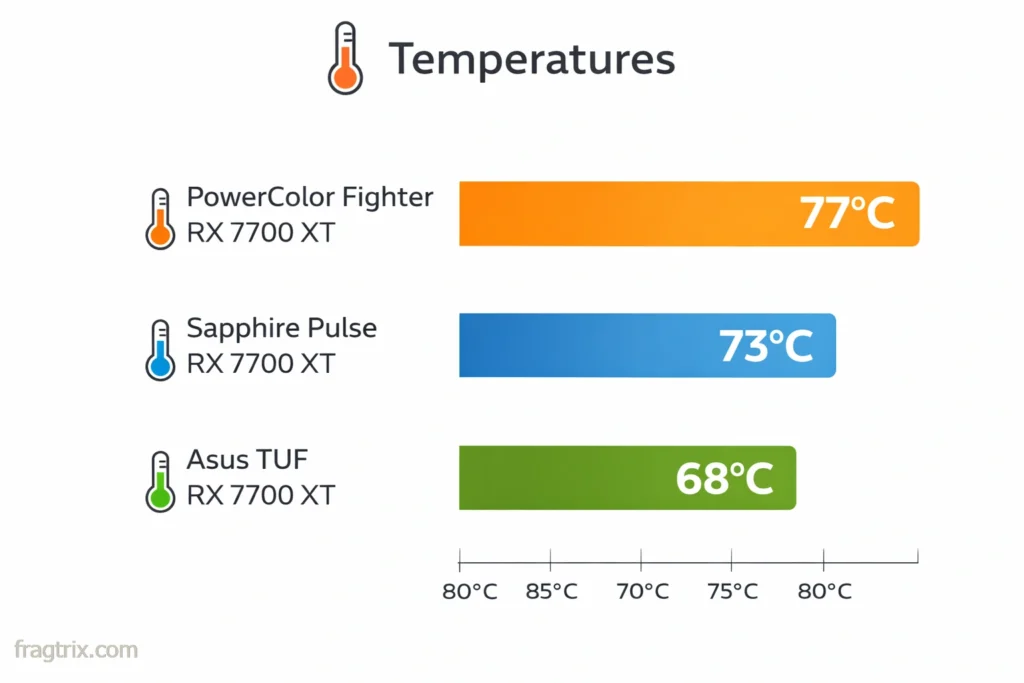 Temperature comparison chart of different RX 7700 XT AIB models under load