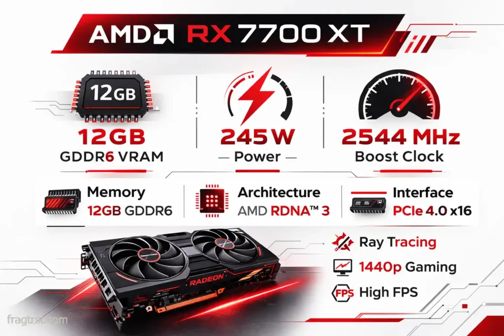 RX 7700 XT key specifications infographic showing VRAM, power draw and clock speeds
