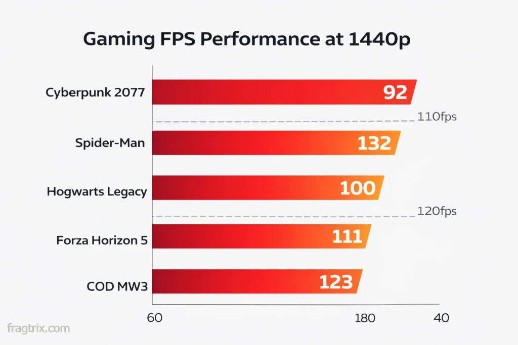 Gaming performance bar chart showing RX 7700 XT framerates at 1440p across popular games