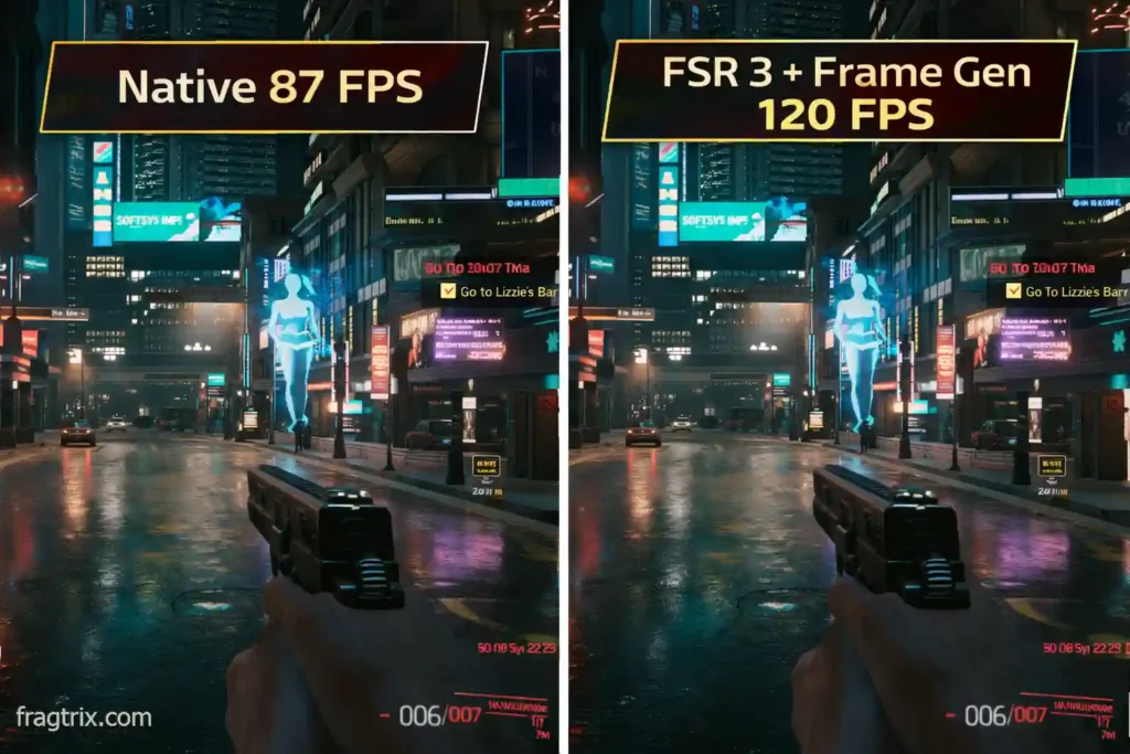 Split screen comparison of Cyberpunk 2077 running native versus FSR 3 frame generation