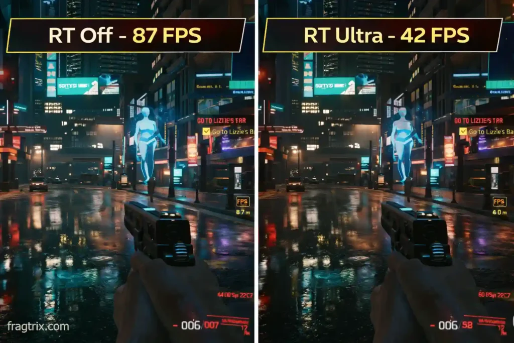 Cyberpunk 2077 ray tracing comparison showing performance impact on RX 7700 XT