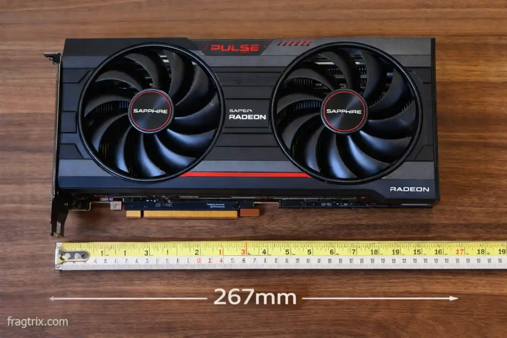 RX 7700 XT graphics card with ruler showing 267mm length for case compatibility
