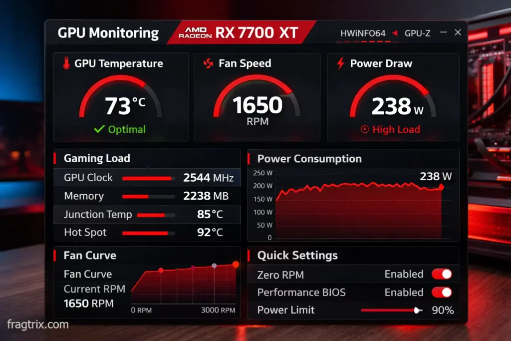GPU monitoring software showing RX 7700 XT running at 73°C during gaming