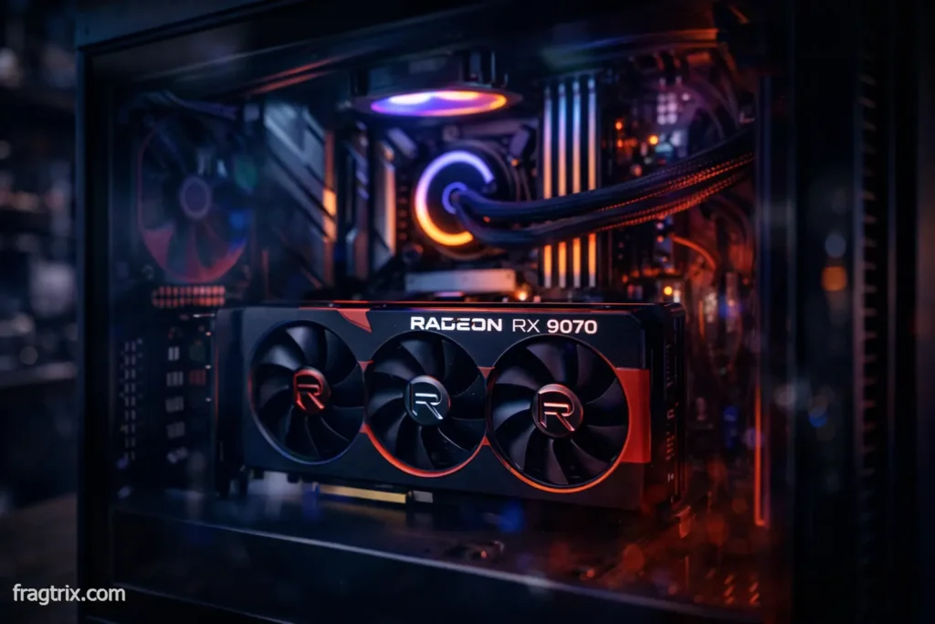 AMD Radeon RX 9070 graphics card installed in gaming PC with RGB lighting