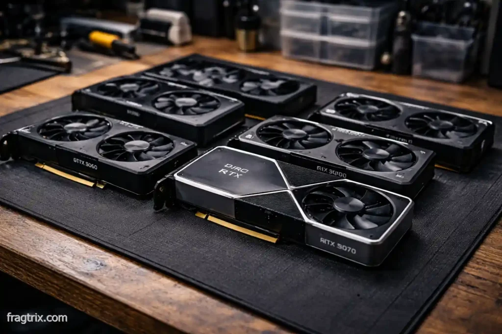 Used RTX 3060 and RTX 3070 graphics cards on anti-static mat for safe handling