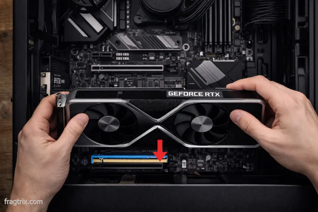 Hands installing graphics card into PCIe slot showing proper installation technique