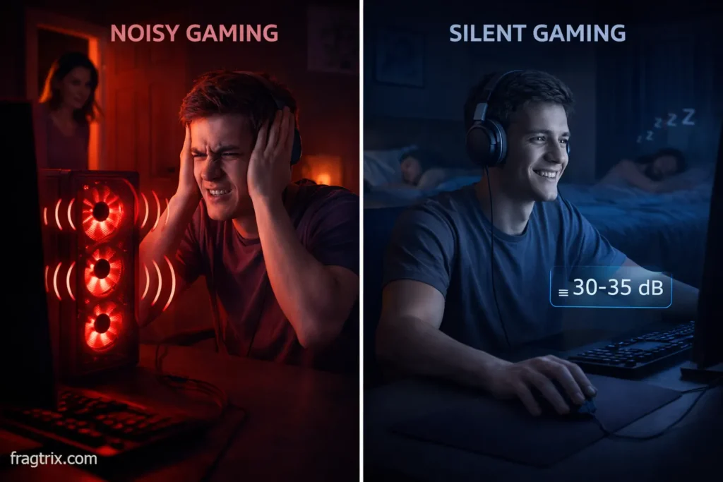 Split comparison showing frustrated gamer with loud PC versus relaxed gamer with silent gaming PC at night