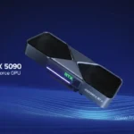 Floating Nvidia GeForce RTX 5090 graphics card on a blue background with green RGB lighting, modern design, and black fans